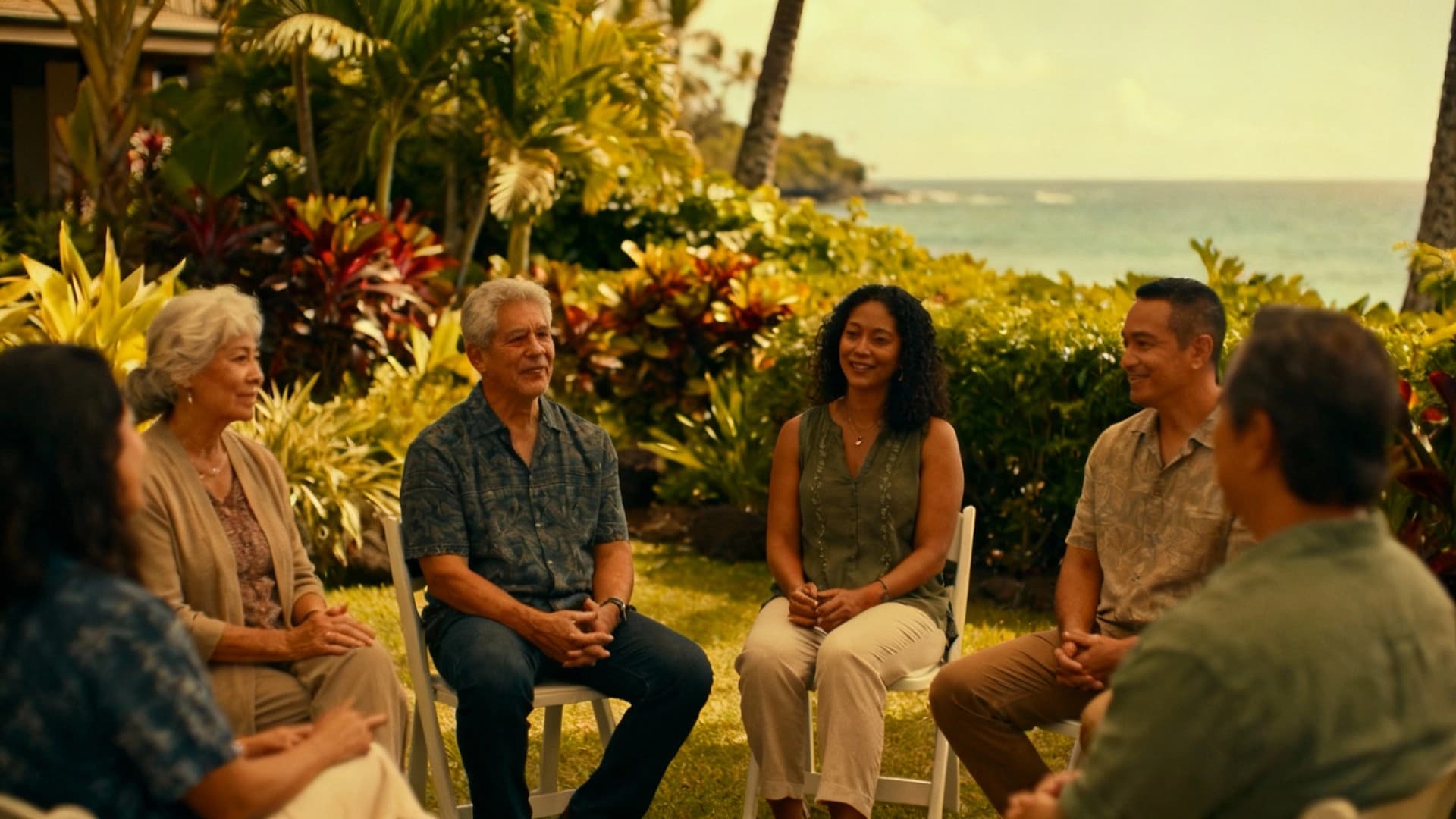 Support group meeting in a Hawaiian garden setting - community recovery and healing together